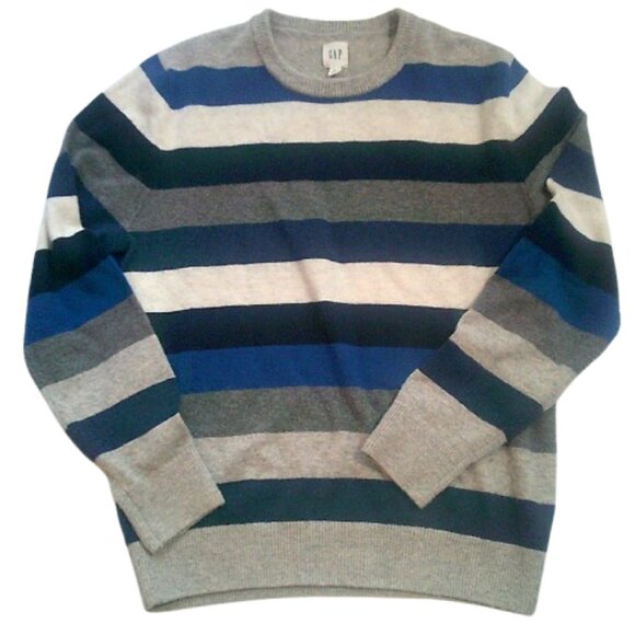 Gap Sweater Mens Med Blue Gray Striped Merino Wool Extra Fine Wool - Picture 1 of 3